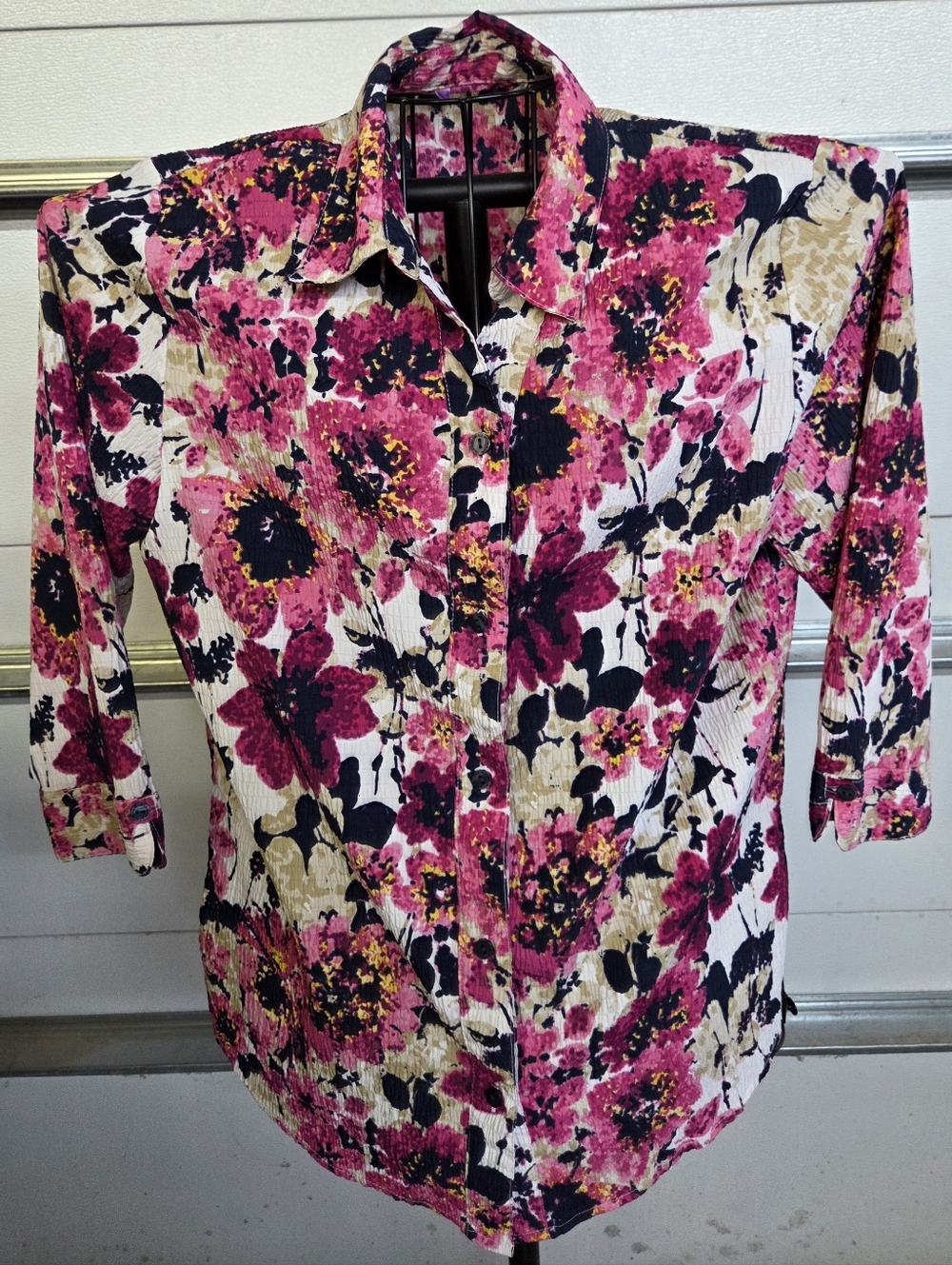 Alia Blouse Womens Pink White Navy Floral Button Up Short Sleeve Top Shirt